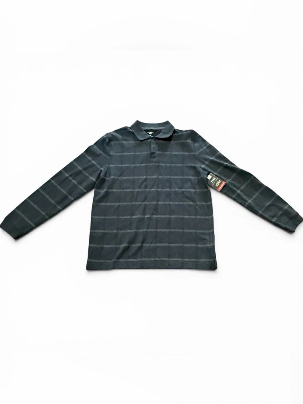 NWT Van Heusen Classic Fit Flex Long-Sleeve Polo Dark Gray Windowpane Pattern M